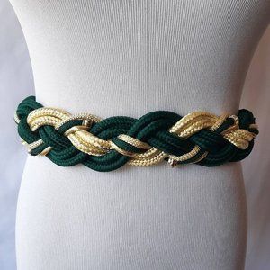 Vtg 80s Green & Gold Braided Rope Belt with Fish Hook Buckle, Fits 28" Waist